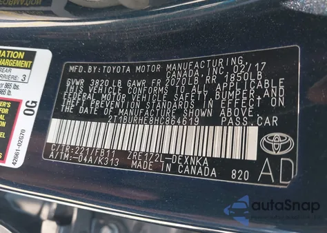 2017 Toyota Corolla Le from USA, damaged, VIN 2T1BURHE8HC864619